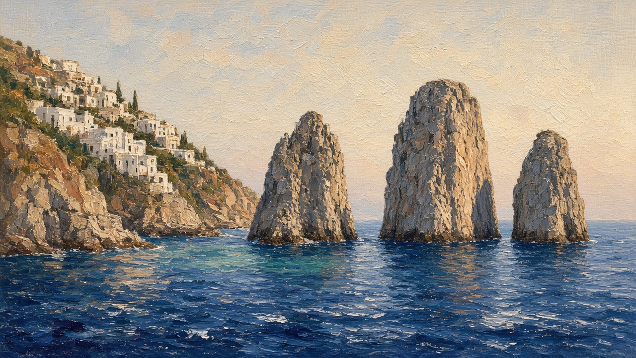 Pintura a óleo de Capri, os Faraglioni e o mar.